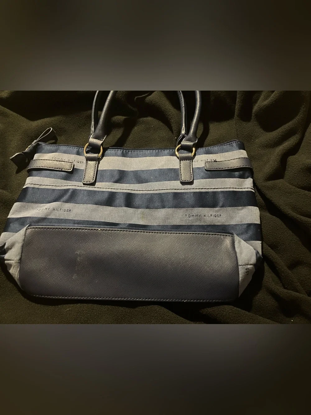 Tommy Hilfiger Blue Striped Canvas Tote Bag Helen Satchel Excellent Condition